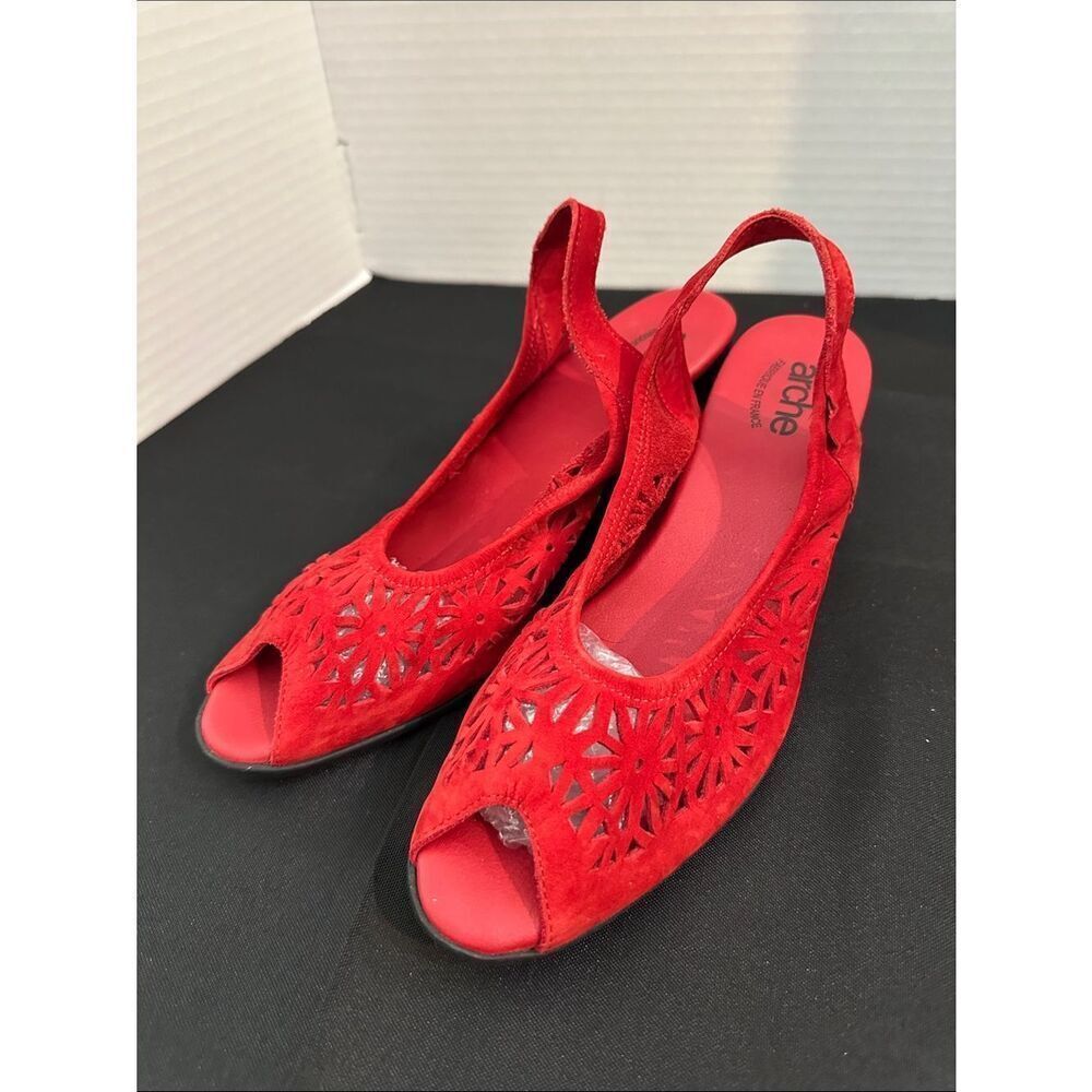 Arche Red Suede Leather Laser-Cut Peep-Toe Slingback Wedges Size 38